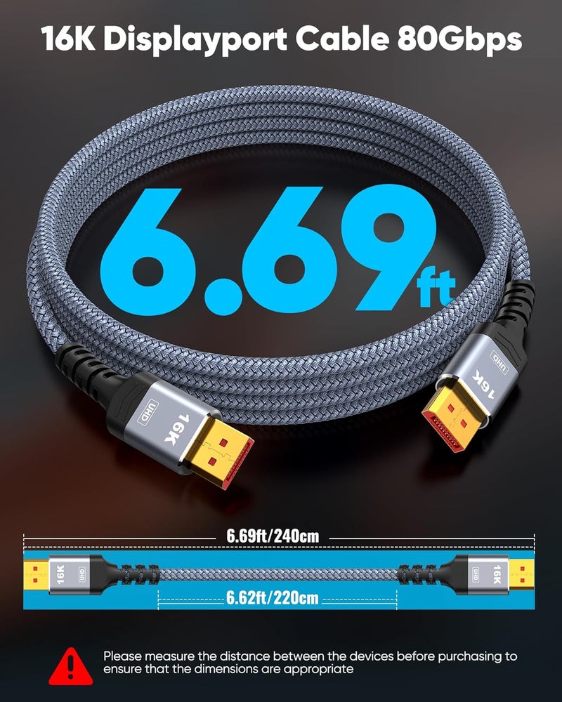Highwings 80Gbps Displayport Cable 2.1 6.6FT, 16K@60Hz, 8K@120Hz, 4K@240Hz, DP 2.1 Cable 16K Braided Cord, Compatible with HDR10 DSC 1.2a, G-Sync FreeSync Gaming PC, Gaming Monitor 5090, AMD 7900XTX - Image 3